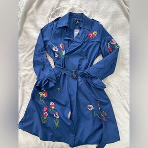 Embroidered Blue Trench Coat
